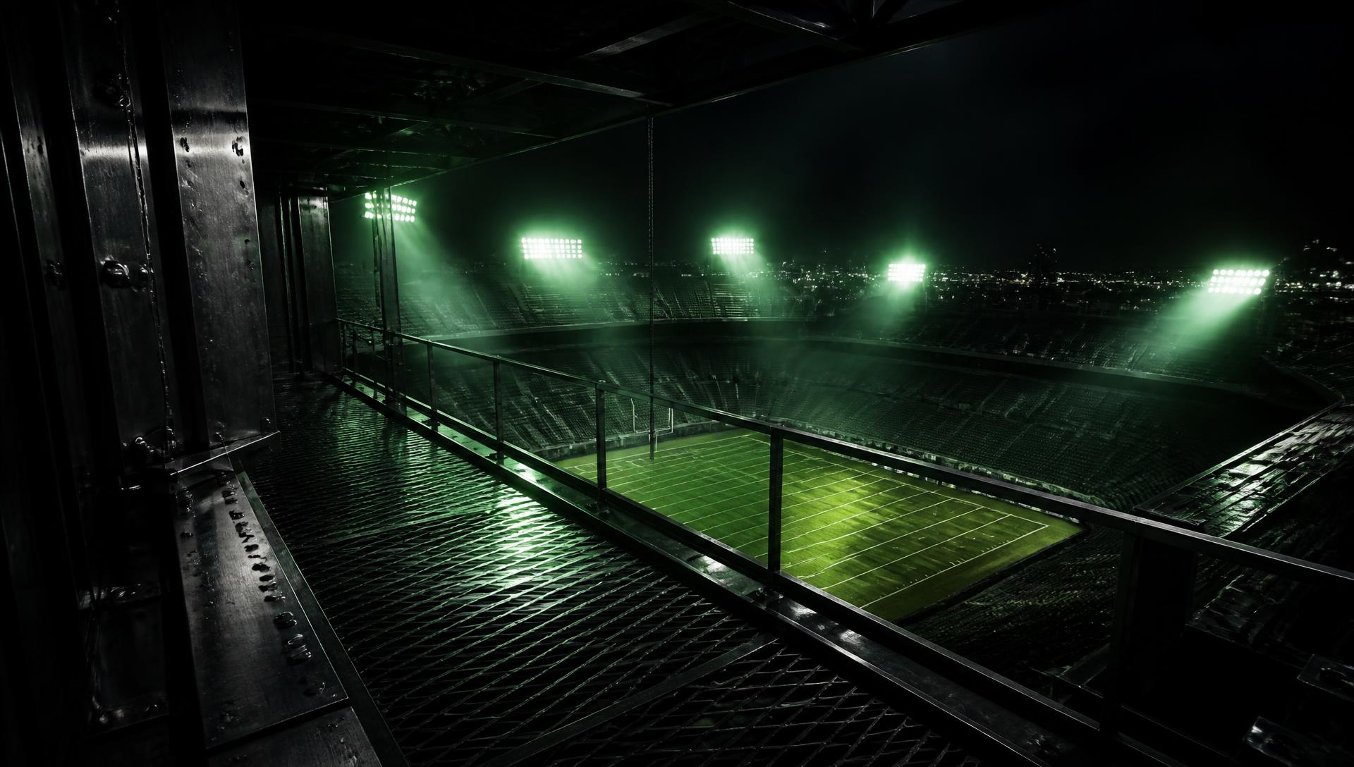 Floodlit night football stadium seen from an industrial steel catwalk